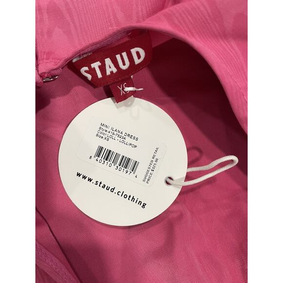 Staud Women Ilana Bow Tie Mock Neck Short Sleeve Tailored Mini Dress Lollipop XS - Picture 3 of 3